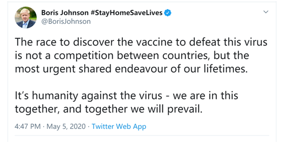 美国缺席疫苗峰会后，英首相约翰逊发推回应