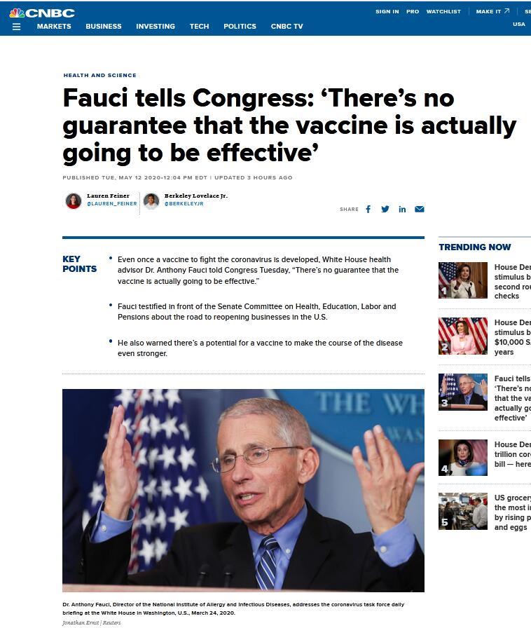 福奇发警告：不能保证疫苗真的会有效！
