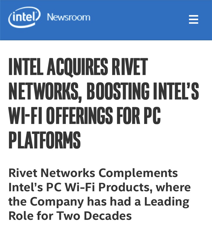 英特尔收购rivet公司将killer杀手网卡收入囊中