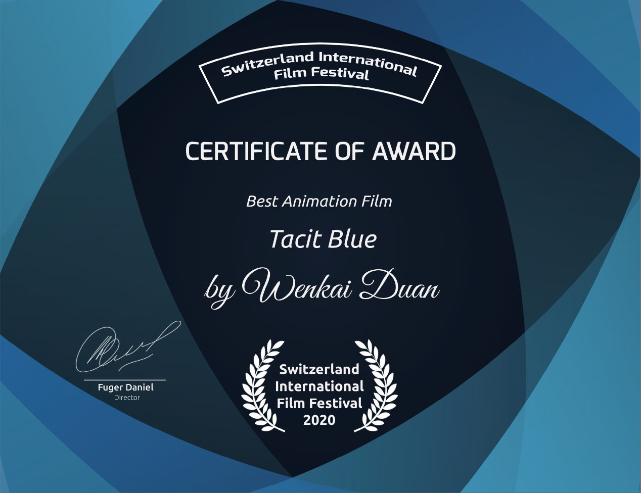 圖爲《沉默之藍：序》（Tacit Blue）榮獲瑞士國際電影節最佳動畫影片大獎的獲獎證書
