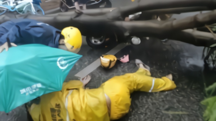 大雨中南宁一外卖小哥被大树砸倒，众人抬树救人