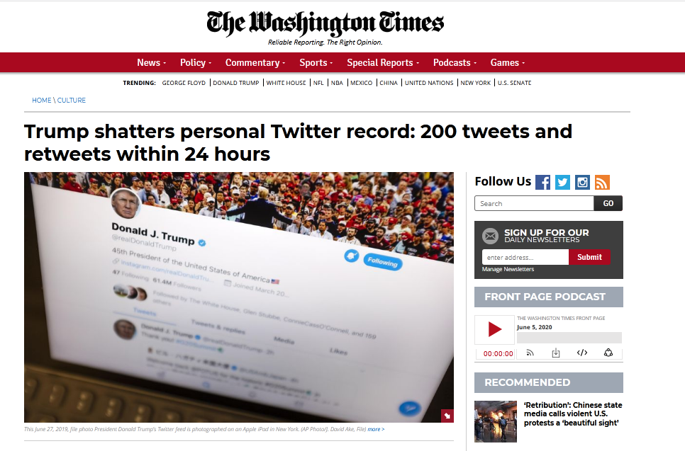 《华盛顿时报》：特朗普打破个人纪录，24小时内原创及转推200条