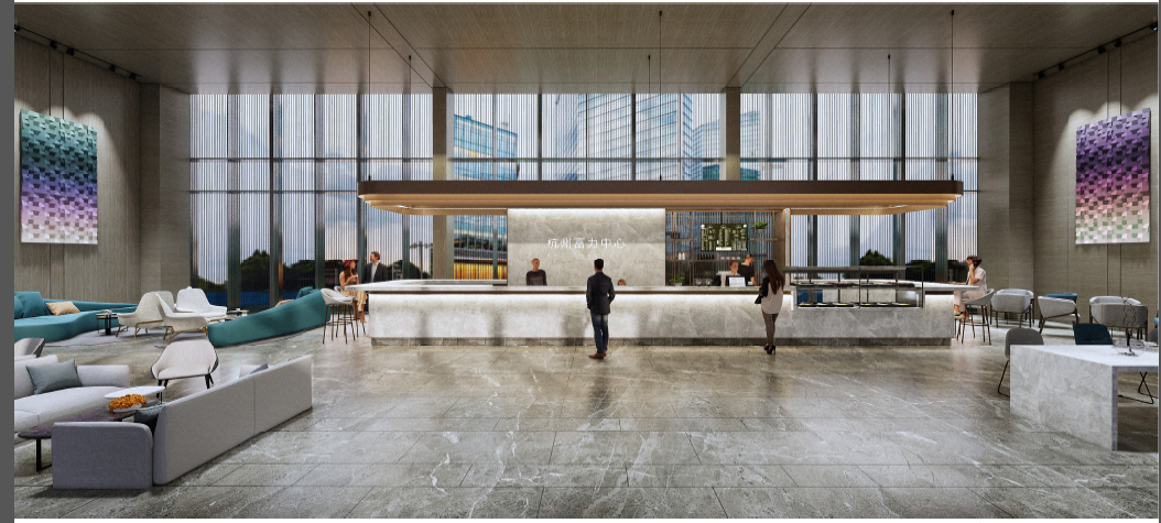 在两幢楼之间,富力中心设置有约280㎡的高配酒店式入户大堂,规划了