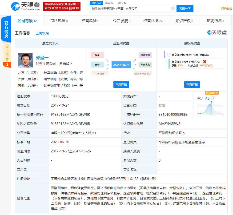 钱治亚卸任瑞幸咖啡关联公司法人