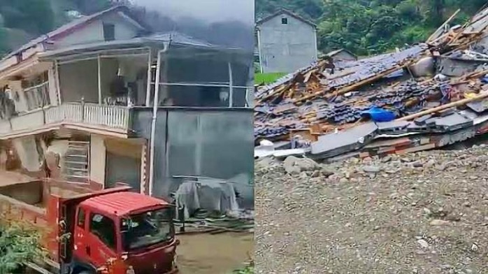 湖北50万建的新房被洪水冲倒，屋主质疑：除了天灾也有人祸