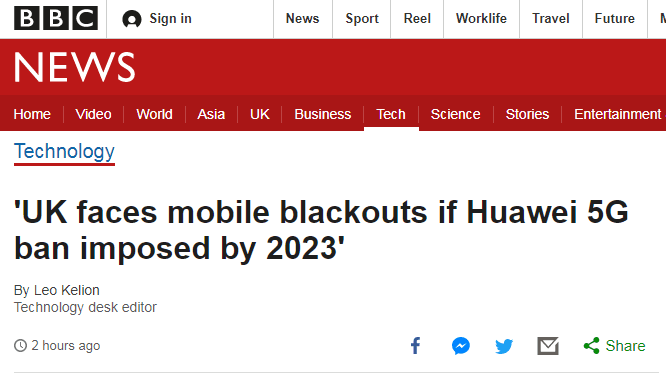 （BBC：2023年前，如果华为5G设备被禁止使用，英国民众将面临手机信号中断风险）