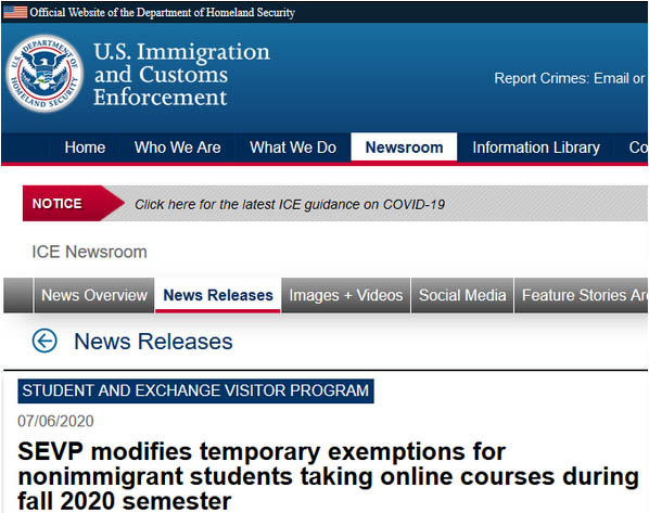 美国移民与海关执法局官网通知截图