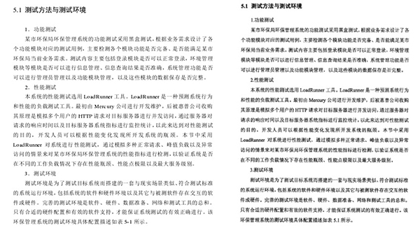 天津大学刘宇宸的论文（左）和厦门大学林鲤的论文（右）的第五章测试方法与测试环境部分对比，内容几乎完全一样。