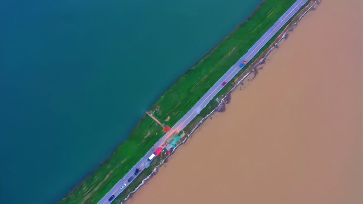 航拍：水位暴涨破历史的鄱阳湖 一堤之隔泾渭分明