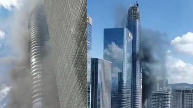实拍深圳一在建摩天大楼起火 施工人员已自行扑灭