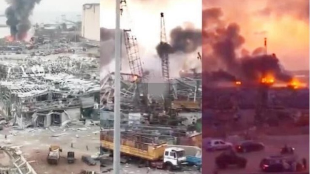 航拍爆炸后的黎巴嫩：大火还在烧 港口被摧毁成废墟