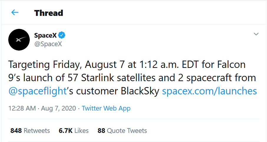SpaceX今日再次启动星链计划 57颗卫星将升空