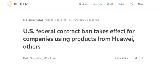 路透社：美国禁止政府合同方使用华为等5家中企产品新规生效