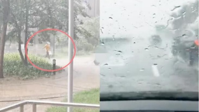 直击“北京最强暴雨”：五环视线模糊 外卖员冒雨工作