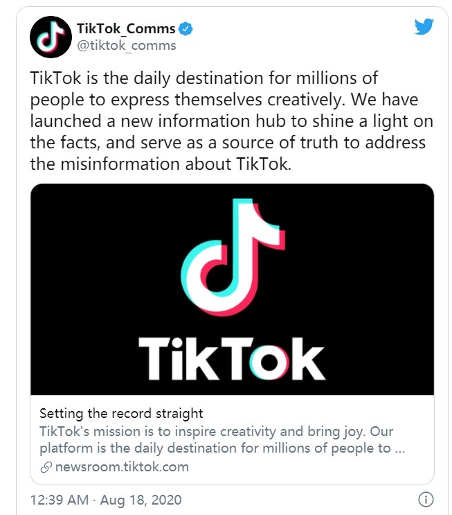 TikTok开通Twitter账户：旨在“澄清事实，以正视听”