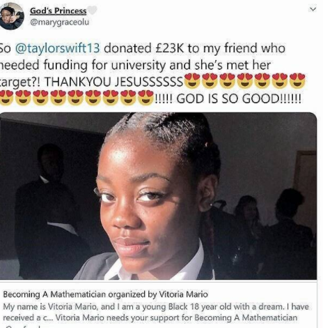 霉霉向18岁黑人女学生捐赠21万元，助其完成大学梦
