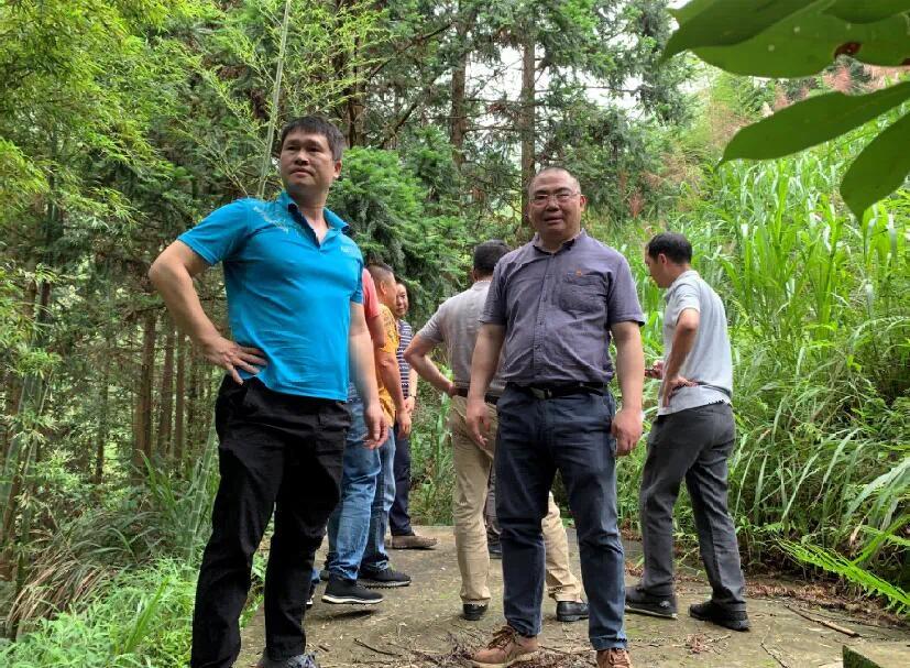 ▶金龙村村两委工作队与县建筑公司踏勘自来水工程粗石坑蓄水池施工点