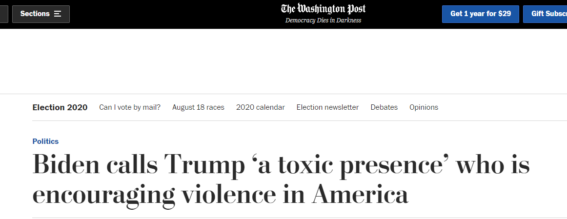《华盛顿邮报》：拜登称特朗普煽动暴力，是“有毒的存在”