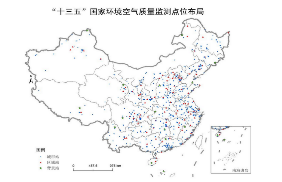 中国国家空气质量监测网站点分布(图片来源:中国环境监测总站)