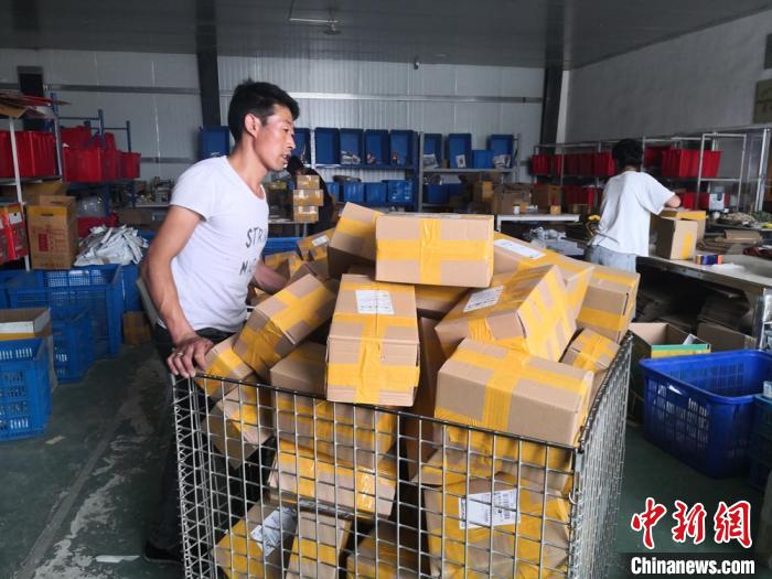 甘肃省定西市岷县，盛产当归、红芪、黄芪、党参等中药材，其中以“岷归”最为闻名，素有“中国当归之乡”的称号。在当地，家家户户种药材、从事与药材有关的工作已是常态。图为7月30日，在甘肃聚和泰电子商务有限公司包装车间里工人将包裹运送到货车上。杜萍 摄