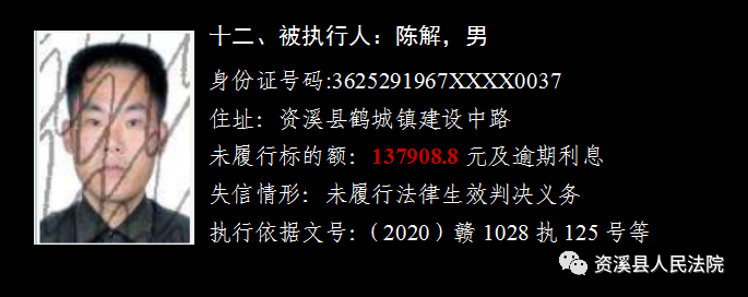资溪实名曝光13名失信被执行人 照片住址全公开