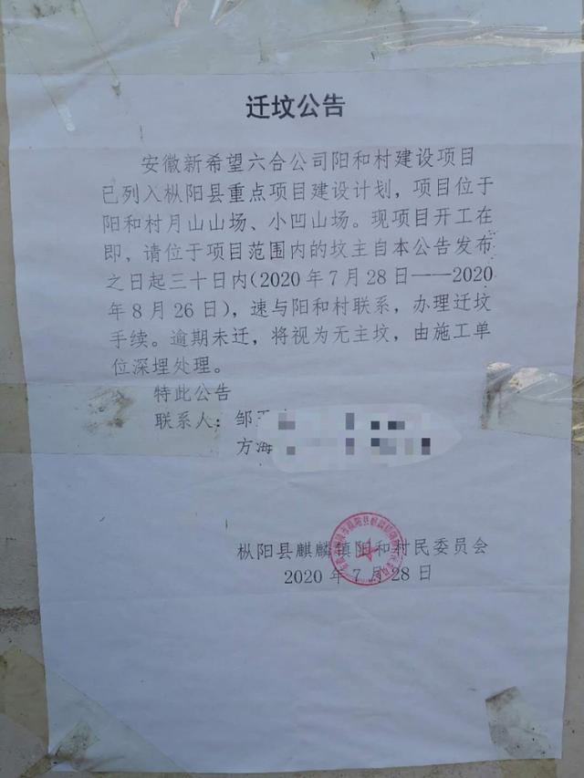 枞阳县麒麟镇阳和村民委员会贴出迁坟公告。图片来源 受访者供图