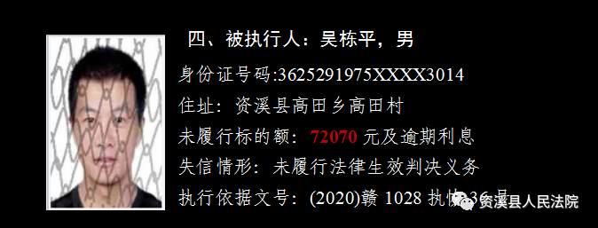 资溪实名曝光13名失信被执行人 照片住址全公开