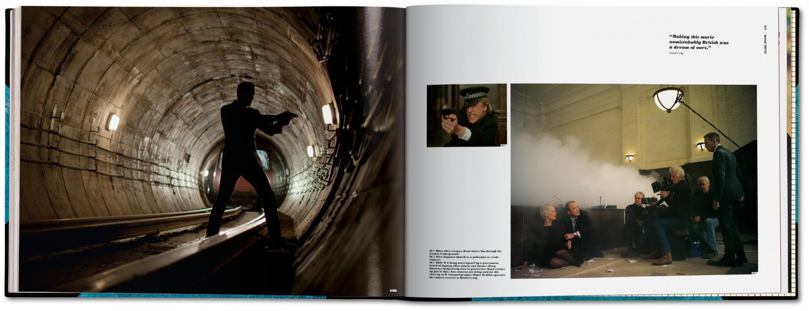 2012年《天幕坠落》中,丹尼尔·克雷格饰演的邦德沿着伦敦地铁线路追踪逃犯。而右侧片场工作照则是邦德及时出现在听证会现场,解救上司M和同事
