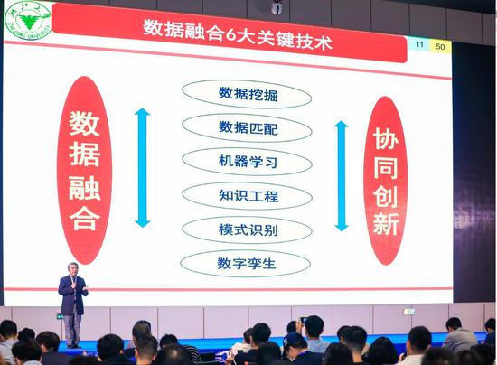 　　中国工程院院士、浙江国际协同创新研究院院长谭建荣分享“数据融合与协同创新：关键技术与发展趋势”。 浙江国际协同创新研究院供图