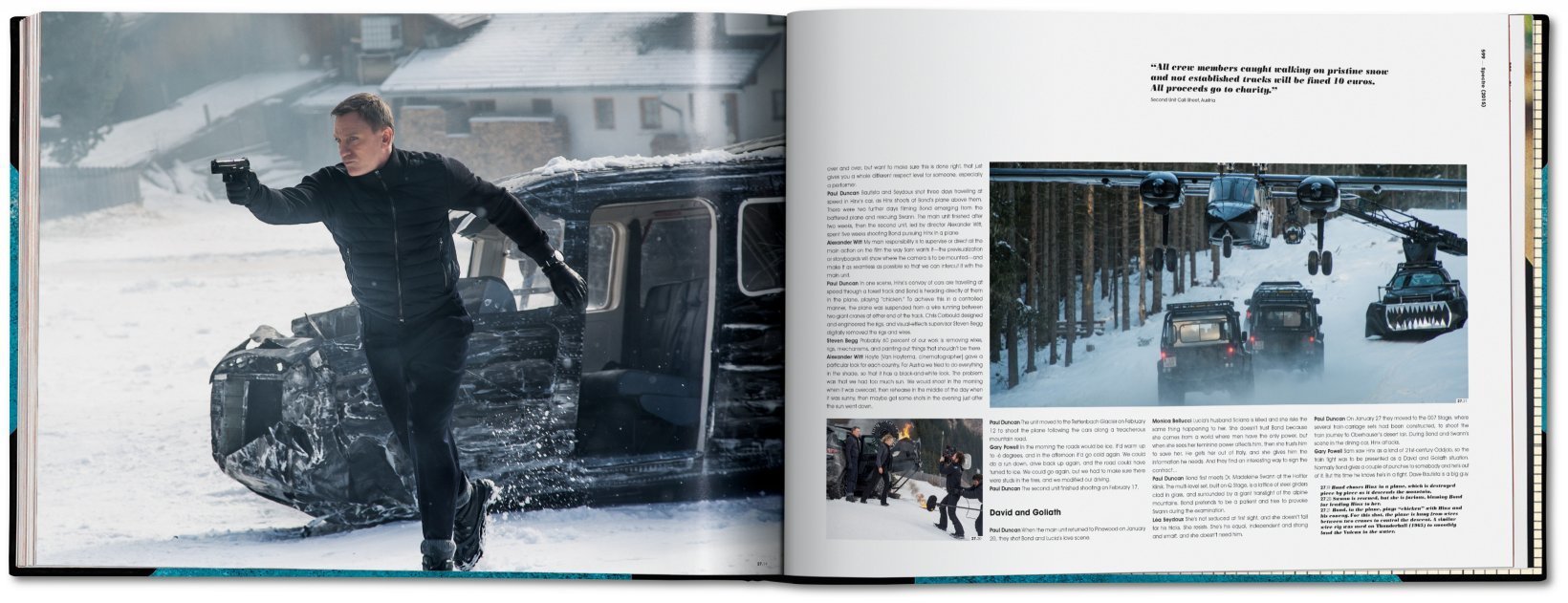 2015年《幽灵党》剧照及片场工作照 片中丹尼尔·克雷格饰演的邦德驾驶飞机在奥利地冰天雪地的丛林中追逐被恶棍劫持的女心理咨询师玛德琳·斯旺