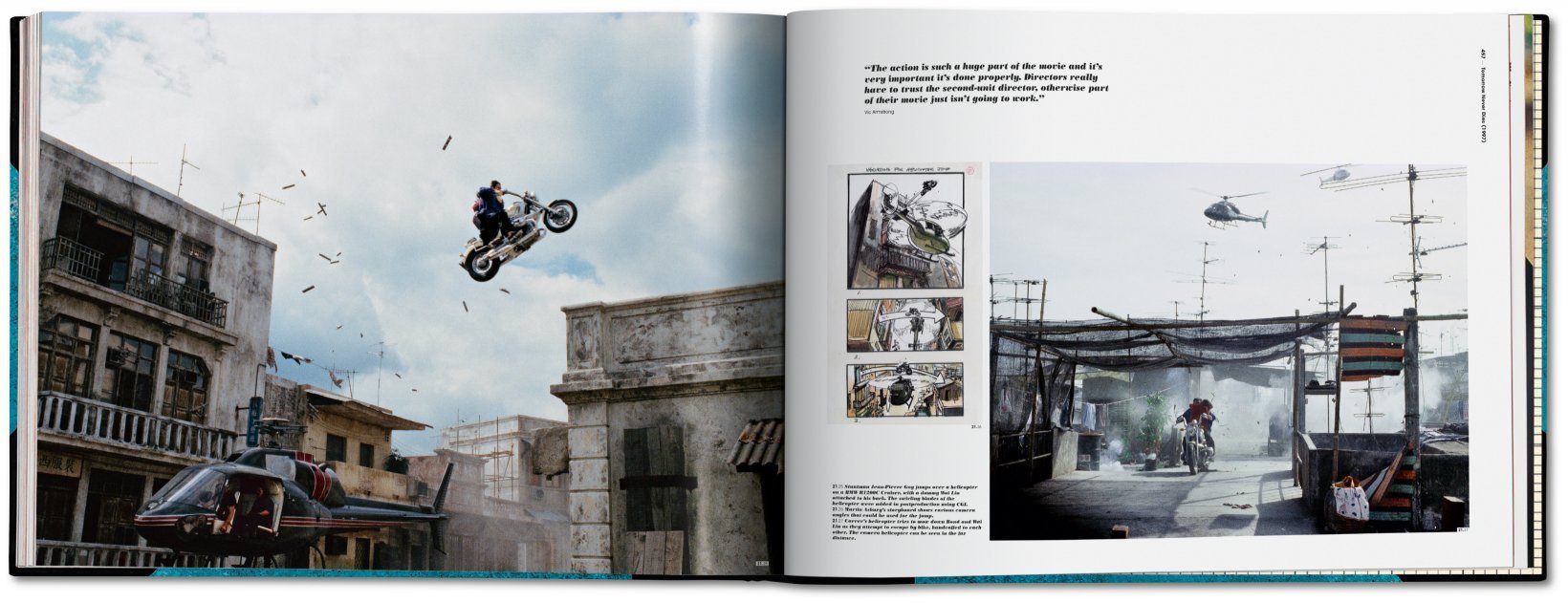 1998年《明日帝国》越南片场 皮尔斯·布鲁斯南饰演的邦德驾驶宝马摩托同杨紫琼饰演的特工(该桥段中,两人皆为替身出演),完成楼宇间飞跃直升机的惊人一跃。书中给出了分镜脚本图