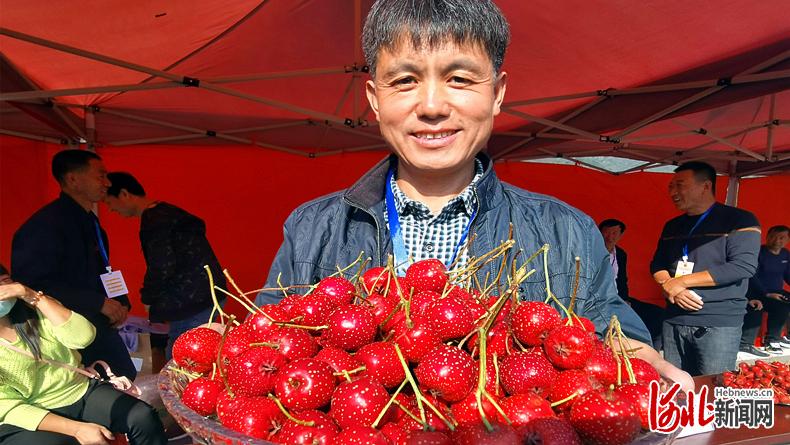9月22日，在承德市庆祝中国农民丰收节活动现场，获得果品擂台赛山楂“果王”的左占友在展示收获的山楂。 河北日报记者陈宝云摄