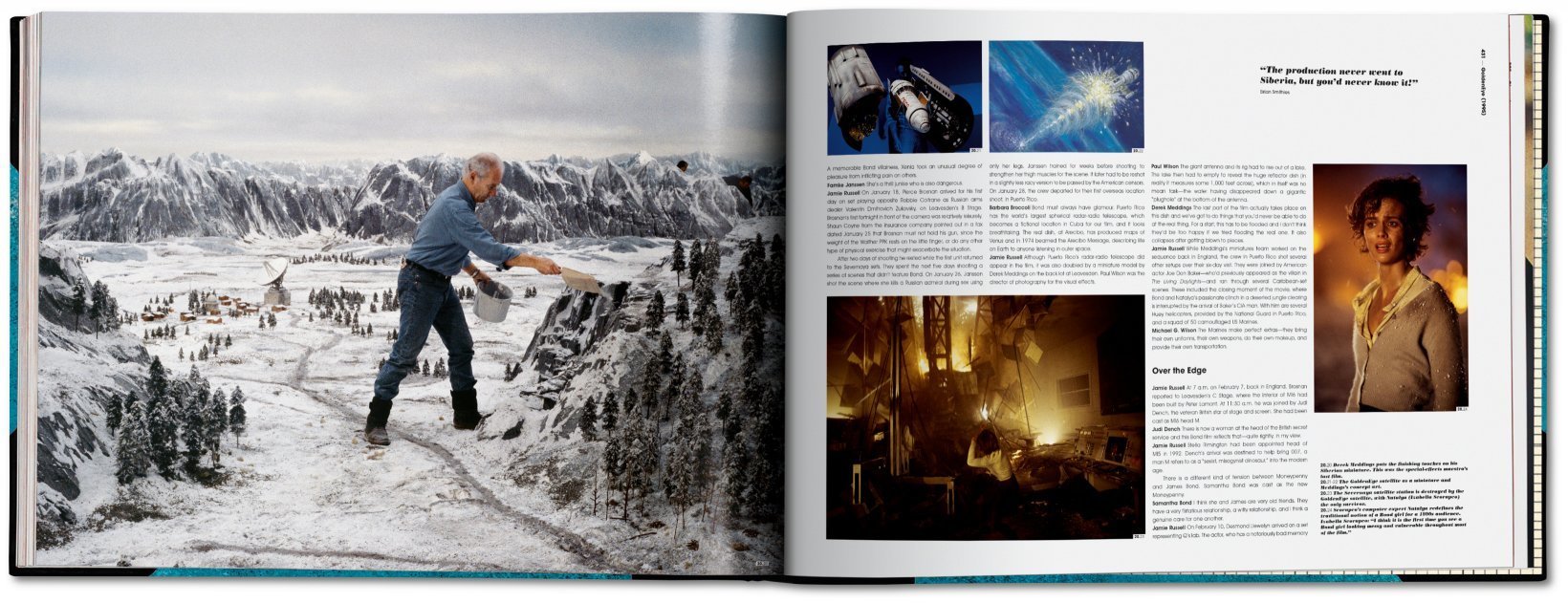 1995年,冷战时代结束后第一部007电影《黄金眼》中,左侧大幅工作照显示了置景师在完善前苏联西伯利亚某地面太空监测站的微缩实景。