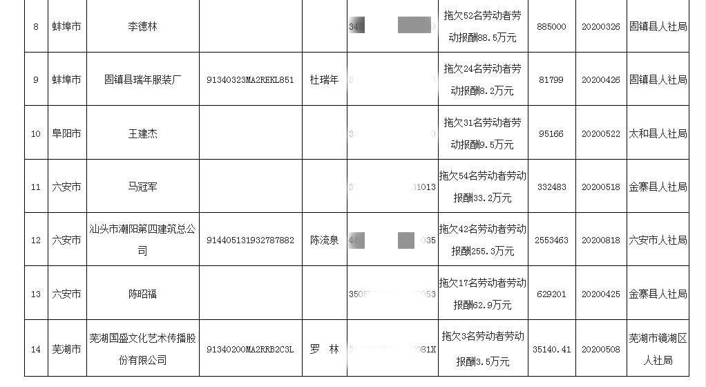 拖欠劳动报酬和农民工工资 安徽这些人上了“黑名单”