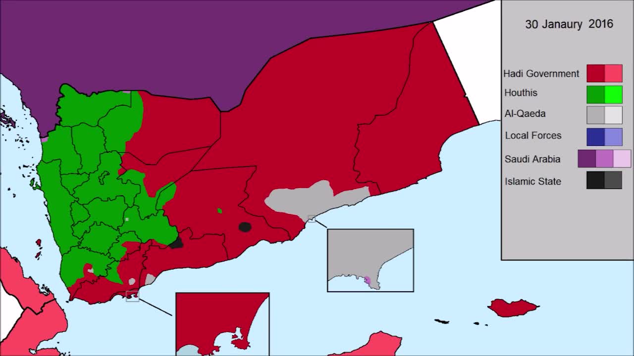 也门内战各方势力范围变化：2014.2到2020.9