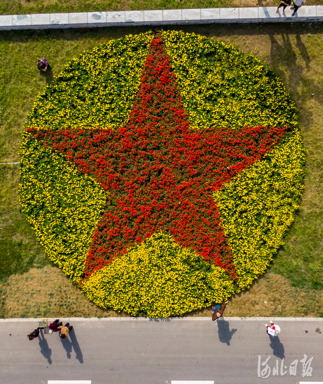 2020年10月3日,游客在滹沱河畔巨型国旗花坛前拍照.