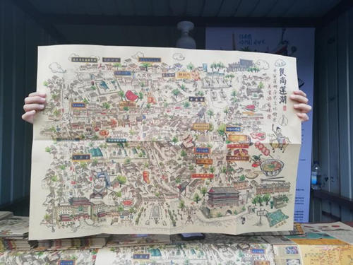 手绘西安历史文化街区美食游乐地图受游客热捧