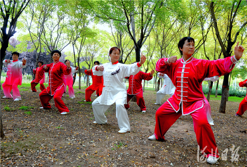 2020年10月14日，河北省临漳县全民休闲健身公园内，“健为美”太极健身队员在健身。