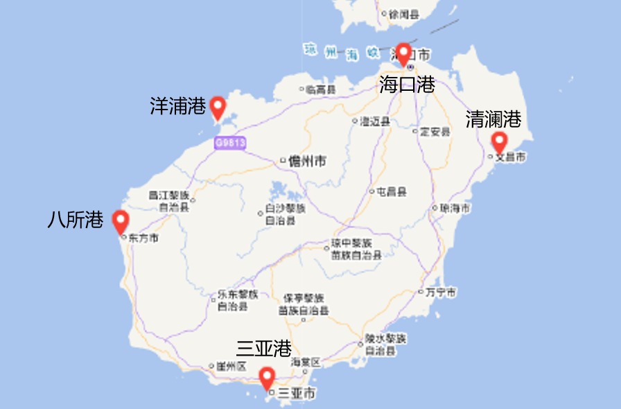 海南港口主要是"四方五港—海口港,洋浦港,八所港,三亚港,清澜港.