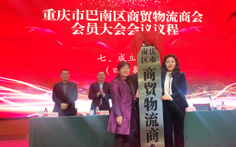 巴南区工商联副主席杨昌菊为重庆市巴南区商贸物流商会揭牌并授牌。