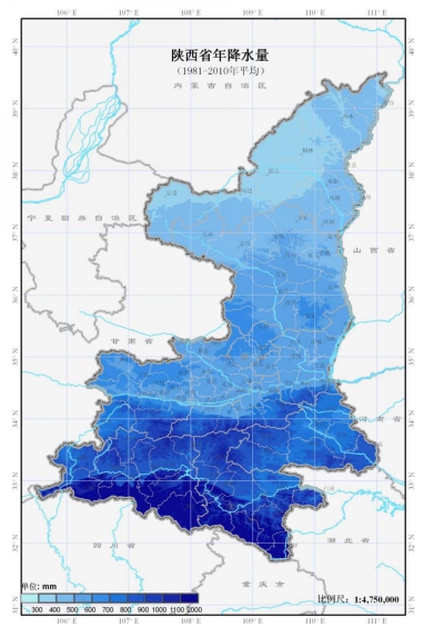陕西省年降水量示意图