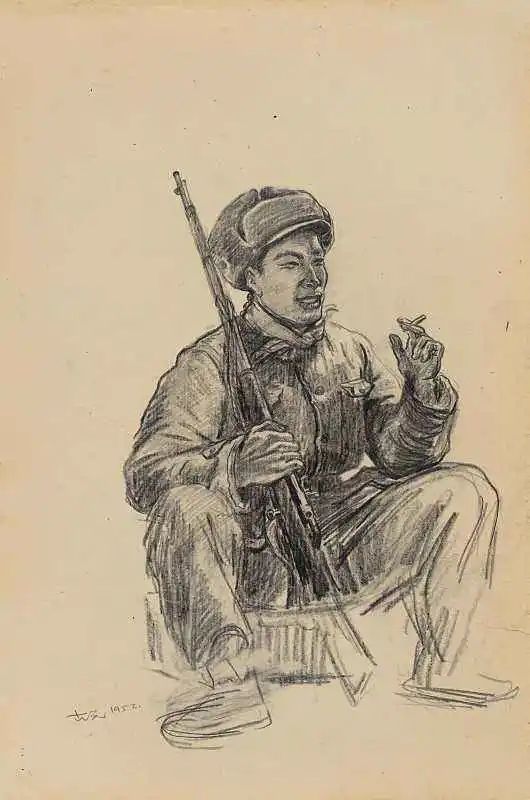 古元《志愿军战士》速写 1952年古元《未遭轰炸的家园》 速写李桦《中