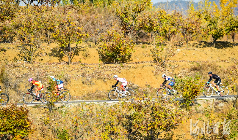 2020年10月30日，参加成年男子个人赛的选手们骑行在迁西县大黑汀水库的环湖公路赛道上。