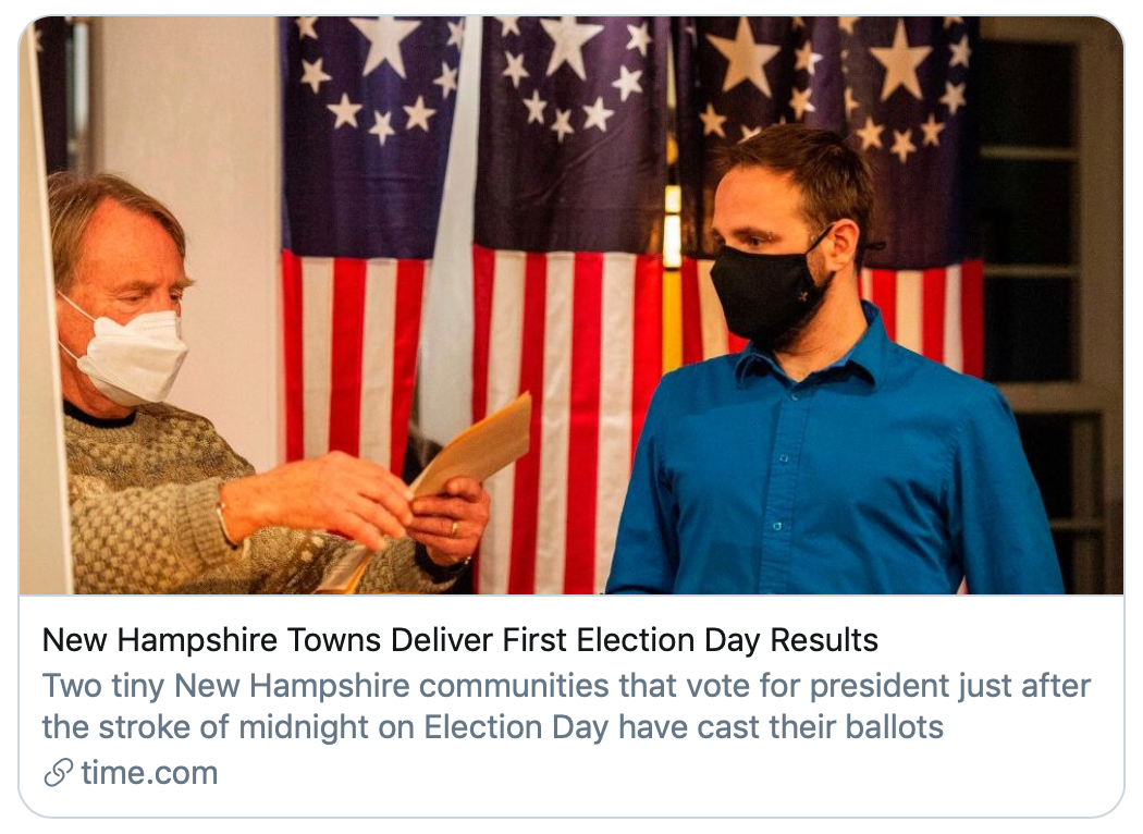 新罕布什尔州小镇率先公布当地投票结果。/《时代》杂志报道截图