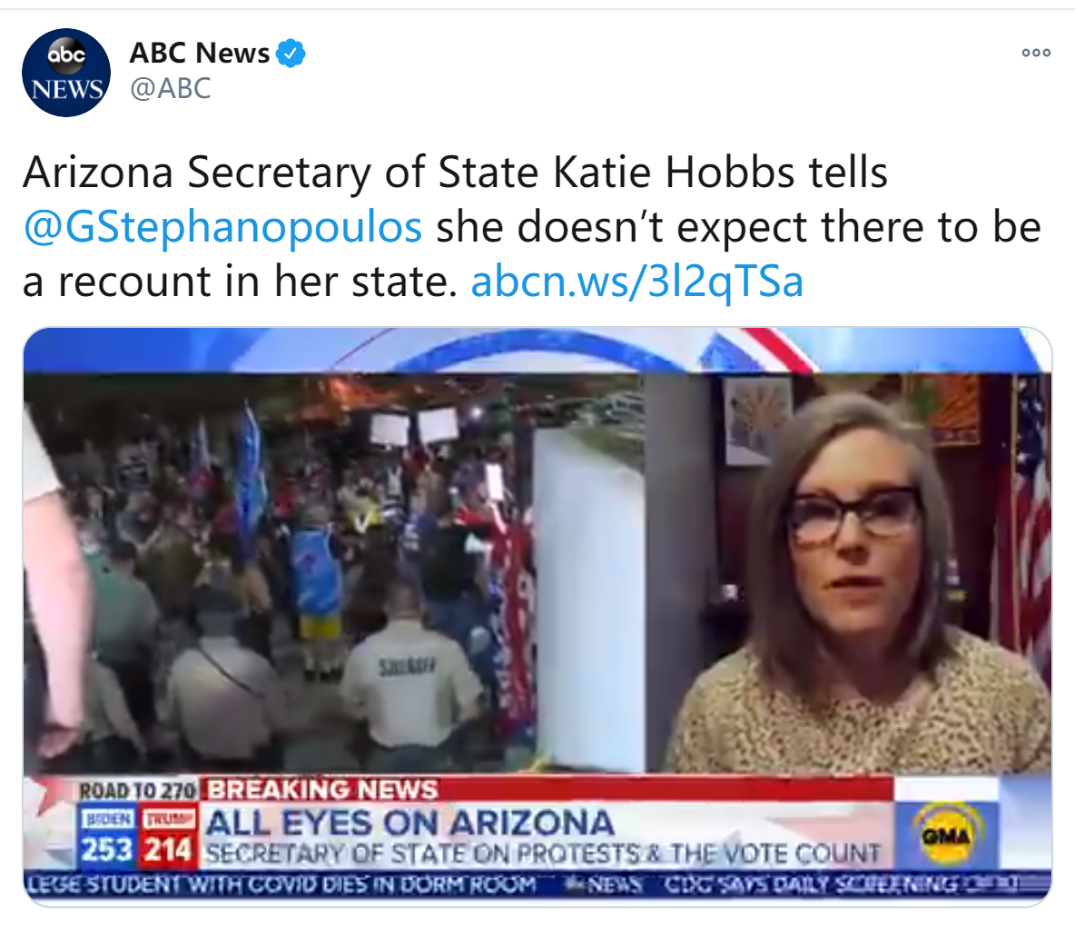 美媒 亚利桑那州务卿称不希望该州重新计票 天天新闻 甜甜新闻