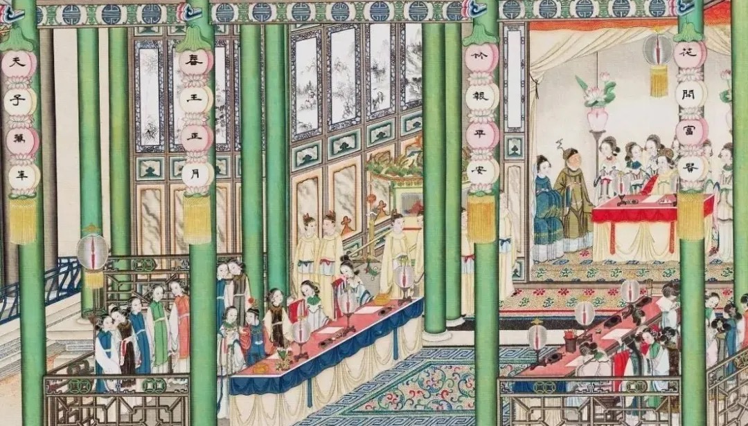 清代画家孙温绘《红楼梦》中“元妃省亲”的情节。虽然排场铺张，但元妃对贾家人说的第一句话是：“当日既送我到那不得见人的去处”。可见入宫对她的艰难。