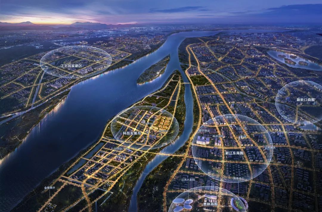 南眺南京长江三桥,东隔夹江毗临河西新城,将龙江,江东,鱼嘴cbd,江北