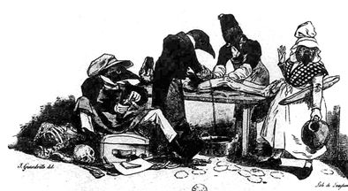 19世纪讽刺插画家让&middot;格兰维尔绘制的乌鸦学习解剖课。