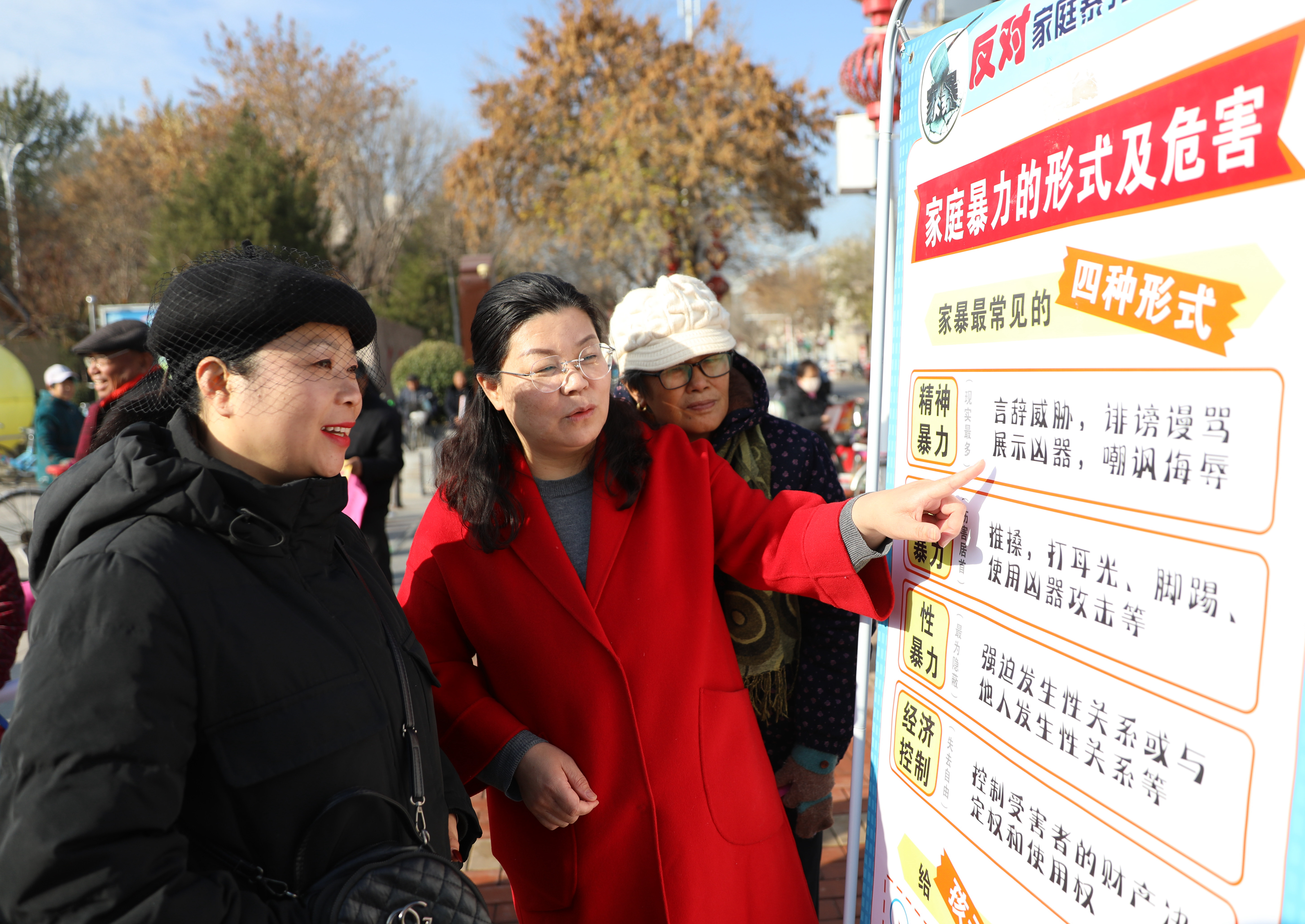11月24日，在固安县人民广场，妇联干部向群众讲解反对家庭暴力常识。