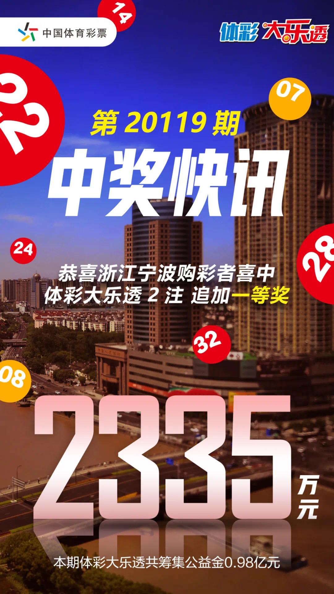 追加有惊喜！浙江宁波购彩者揽大乐透头奖2335万元